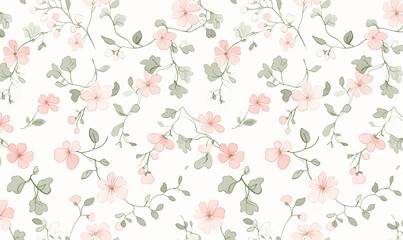 Light pink small flowers and gray leaves on cream background, simple flat pattern