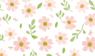 Light pink small flowers and gray leaves on cream background, simple flat pattern