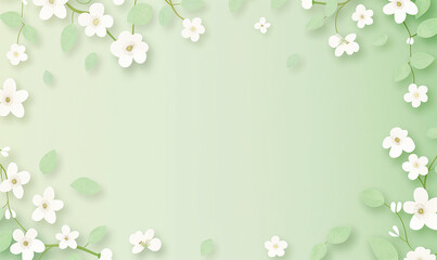 Light green background with small white flowers, a light pink and yellow borders, in a simple style, a cute cartoon pattern border decoration