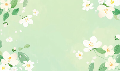 Light green background with small white flowers, a light pink and yellow borders, in a simple style, a cute cartoon pattern border decoration