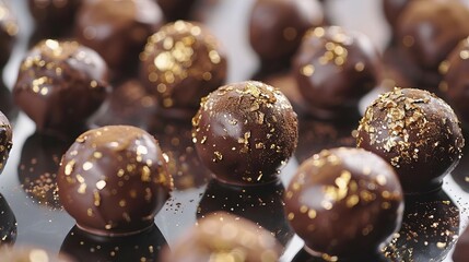 Elegant closeup of chocolate truffles dusted with shimmering edible gold on a dark, reflective surface, perfect for a luxury dessert advertisement