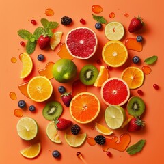 Nutritious and appealing setup of citrus fruits and berries, showcasing their vibrant colors on an orange base, great for a dietary supplement ad.