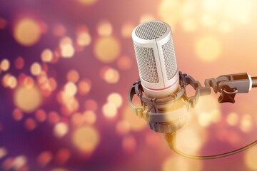 Professional microphone podcasting on stand on color background
