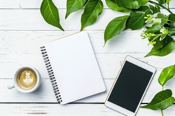 white wooden table is displayed with a cup of coffee placed next to a notebook. The notebook appears open, possibly indicating work or study. The scene suggests a moment of pause or reflection