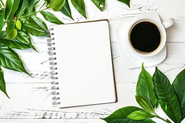 white wooden table is displayed with a cup of coffee placed next to a notebook. The notebook appears open, possibly indicating work or study. The scene suggests a moment of pause or reflection