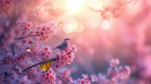 
A cute little bird perched on a branch of beautiful cherry blossoms in the morning. seamless looping time-lapse virtual 4K video Animation Background.