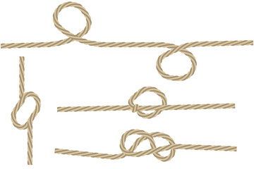 Vector rope knots. Nautical tying techniques. Beige twisted ropes. White background illustration.