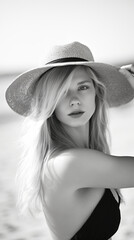 Black and white portrait of a blonde woman in a summer hat