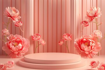 Pink flower podium. Simple product podium. Free space to display products. Circle podium.