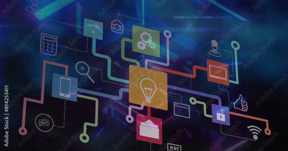 Poster image of network of digital icons against neon tunnel in seamless pattern