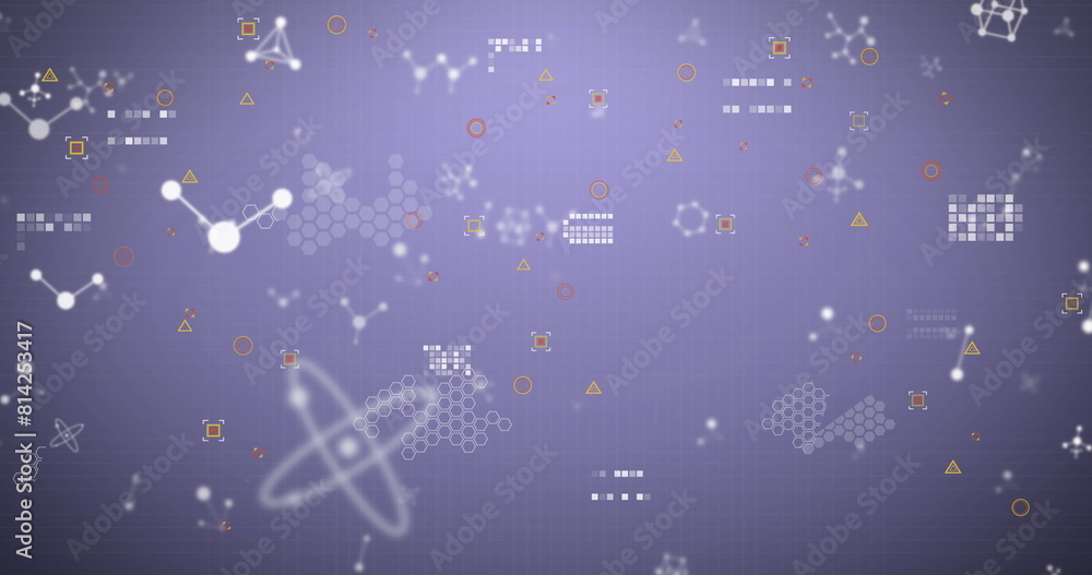 Poster image of financial data processing and molecules on grey background
