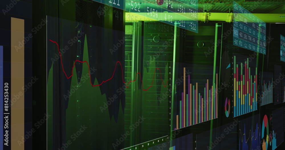 Poster image of screens with statistical data processing against computer server room
