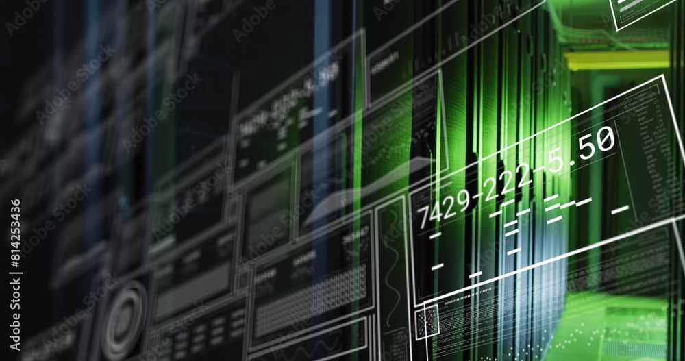 Poster image of interface with data processing against computer server room