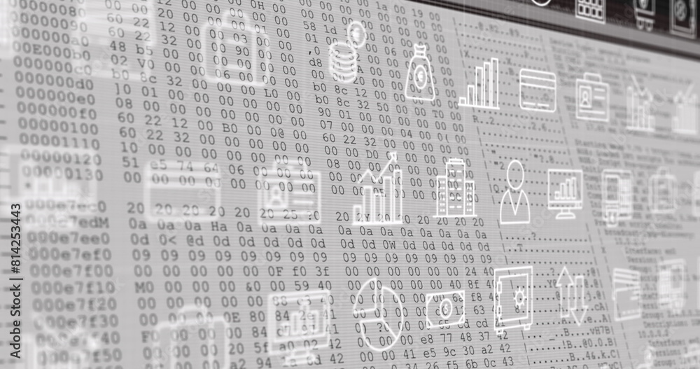 Poster Image of multiple digital icons moving over data processing against white background