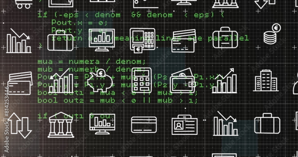 Poster image of multiple digital icons moving over data processing against black background