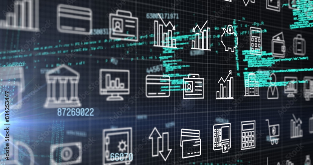 Poster image of multiple digital icons over data processing against light spot on blue background