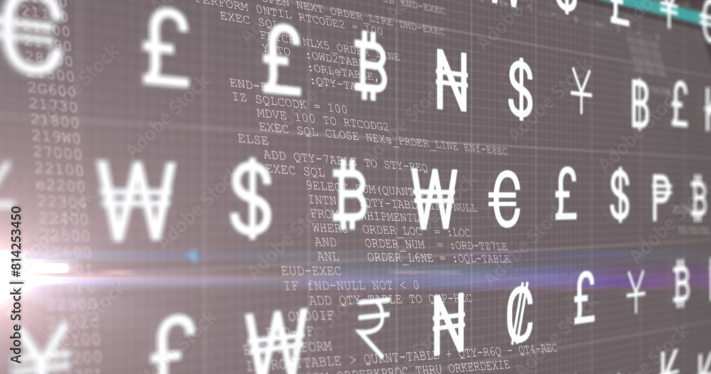 Poster image of multiple currency symbols over data processing against light spot on black background