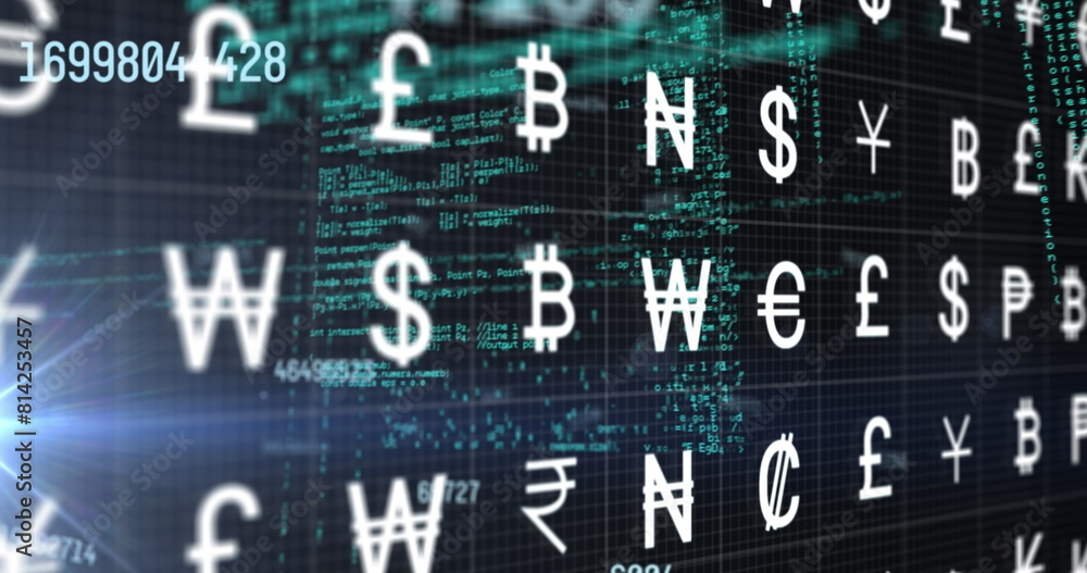 Poster image of multiple currency symbols over data processing against light spot on blue background