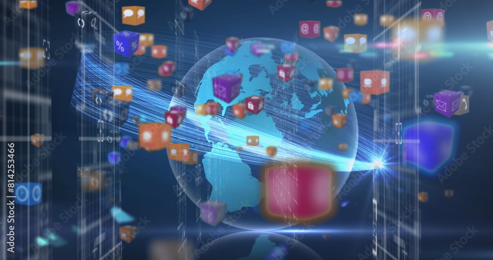 Poster image of globe with network of connections with data processing and icons