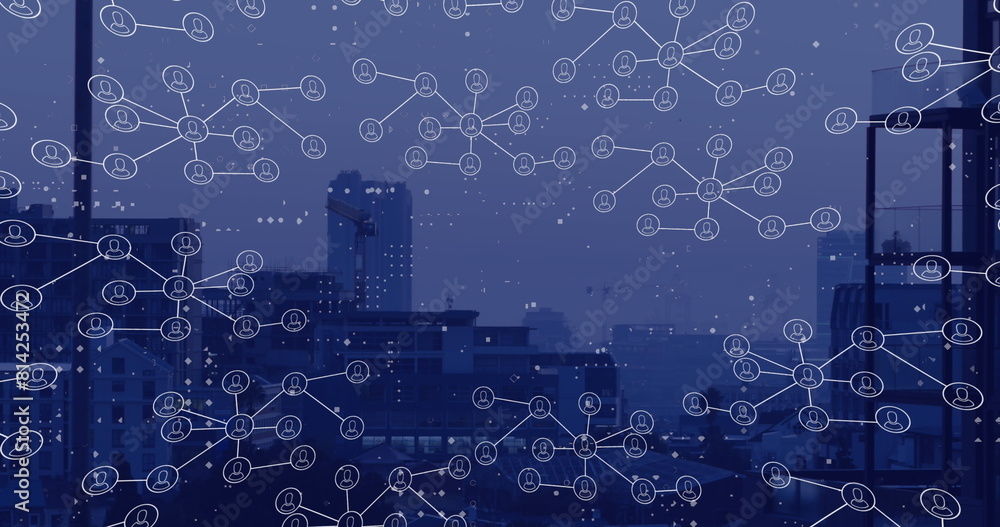 Aufkleber image of network of profile icons and dots pattern against aerial view of cityscape