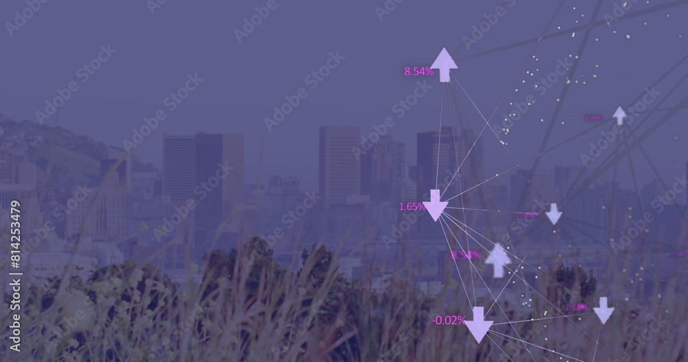 Poster image of globe of digital icons and dots pattern against view of cityscape