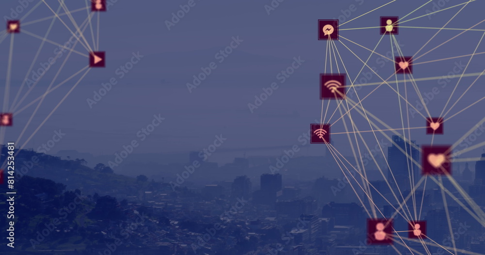 Poster image of two globes of digital icons and dots pattern against aerial view of cityscape