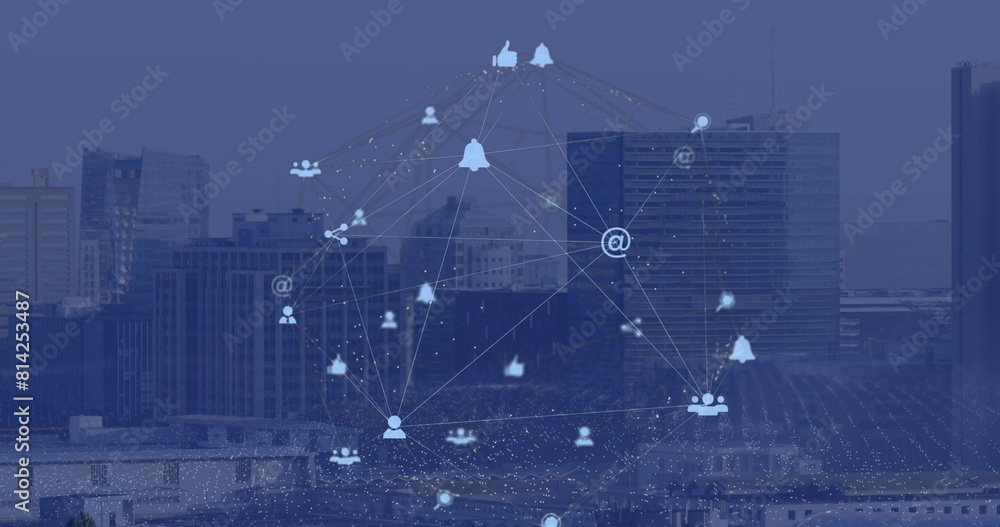 Poster image of globe of digital icons and dots pattern against aerial view of cityscape