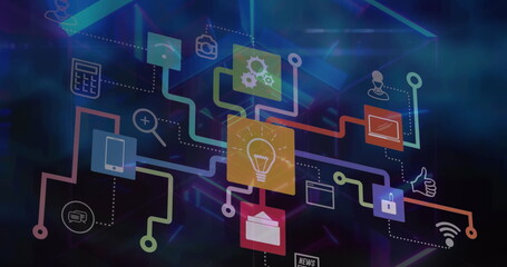 Image of network of digital icons against neon tunnel in seamless pattern