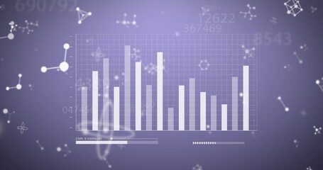 Digital image of changing numbers, data processing and molecular structures on purple background