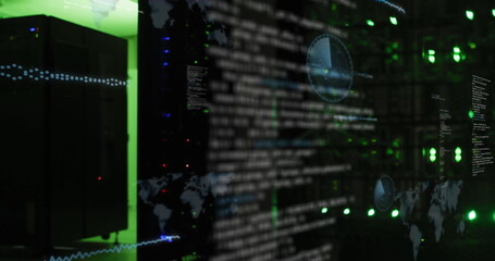 Image of screens with data processing against computer server room