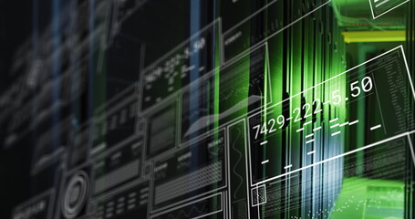 Image of interface with data processing against computer server room
