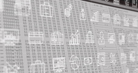 Image of multiple digital icons moving over data processing against white background