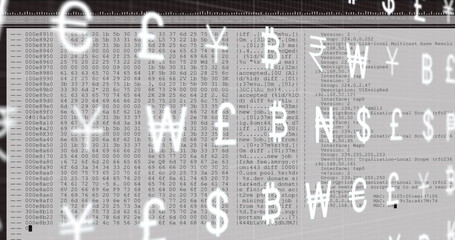 Image of multiple currency symbols moving over data processing against white background