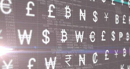 Image of multiple currency symbols over data processing against light spot on black background
