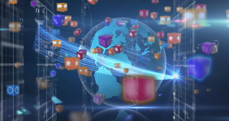 Image of globe with network of connections with data processing and icons