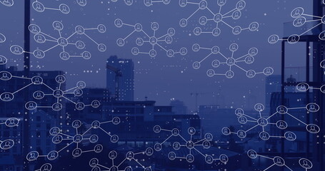 Image of network of profile icons and dots pattern against aerial view of cityscape