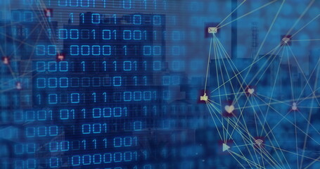 Image of two globes of digital icons and binary coding data processing against blue background