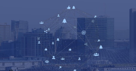 Image of globe of digital icons and dots pattern against aerial view of cityscape