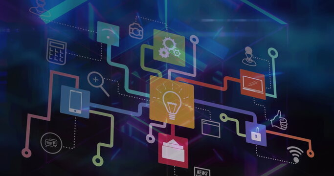 Image of network of digital icons against neon tunnel in seamless pattern - Powered by Adobe