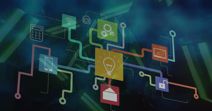 Image of network of digital icons against neon tunnel in seamless pattern