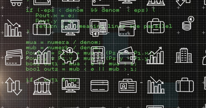 Image of multiple digital icons moving over data processing against black background