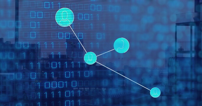 Image of network of profile icons and binary coding against aerial view of cityscape
