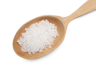 Natural salt in wooden spoon on white background, top view