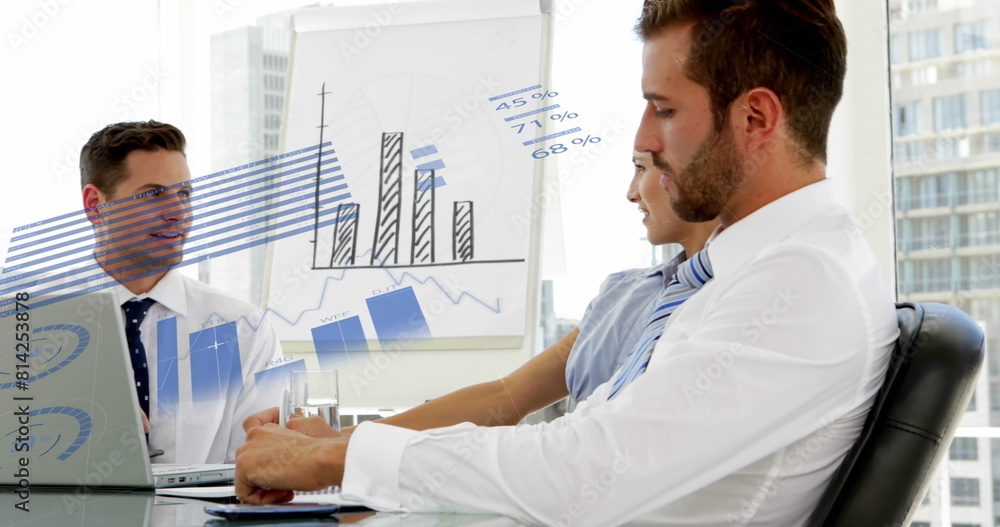 Poster image of statistical data processing over diverse businesspeople discussing at office