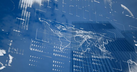 Image of interface with data processing over world map against low angle view of tall building