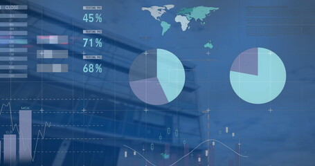 Image of financial data processing over modern building