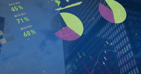 Image of financial data processing over building