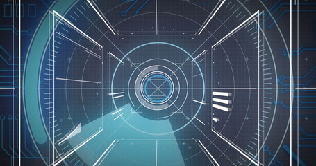 Image of round scanner over interface with data processing against blue background