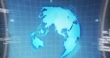 Image of 6g text over round scanner against data processing and microprocessor connections