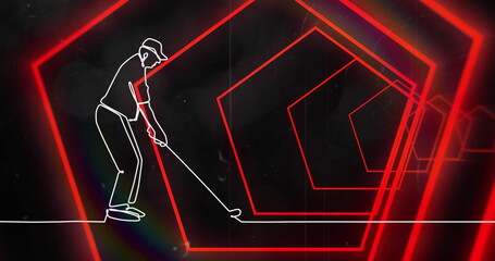 Image of drawing of male golf player over digital tunnel